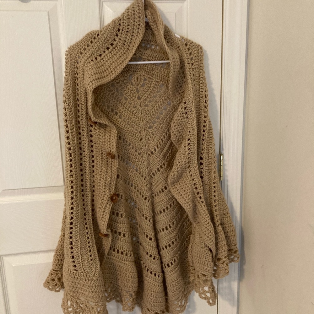 Hand crocheted tan shawl with bottoms